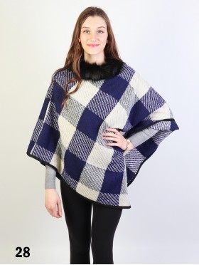 Plaid & Abstract Poncho W/ Fur Collar